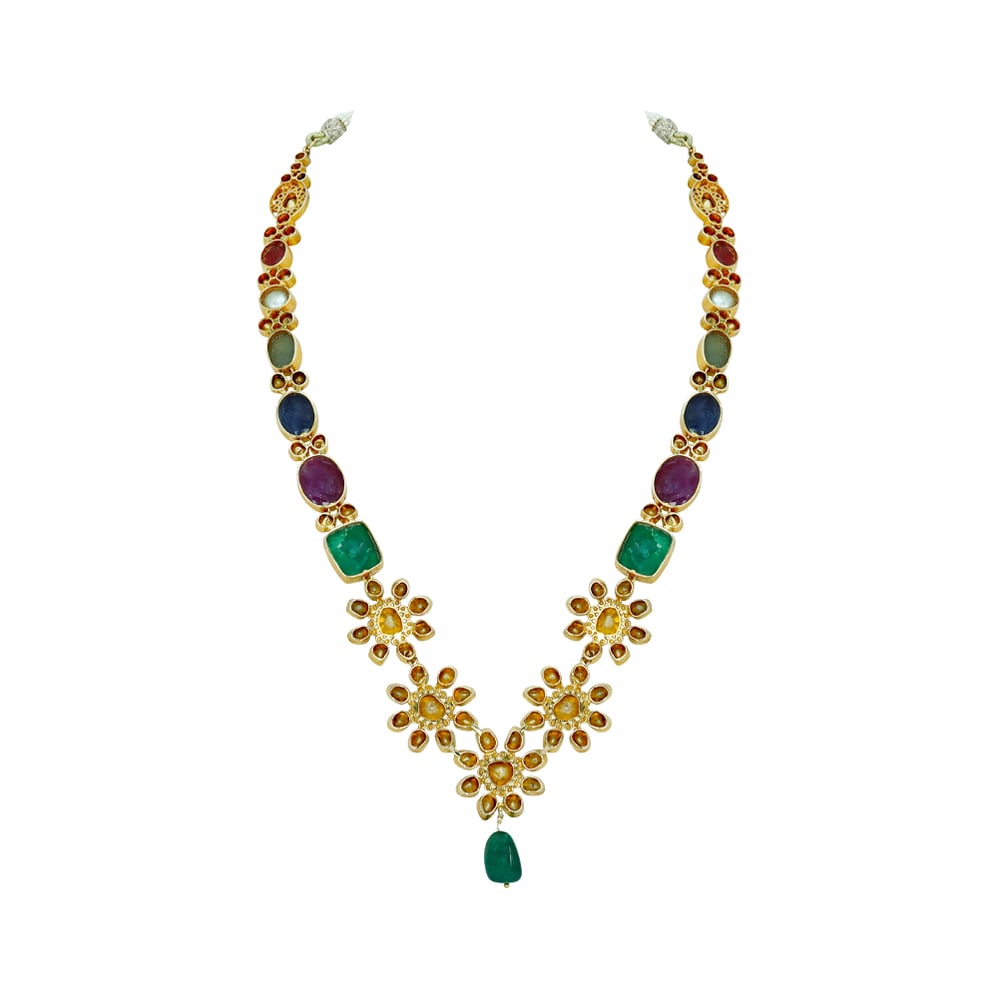 Navaratan Floral Necklace with Polkis, Emeralds, Rubies, and Pearls